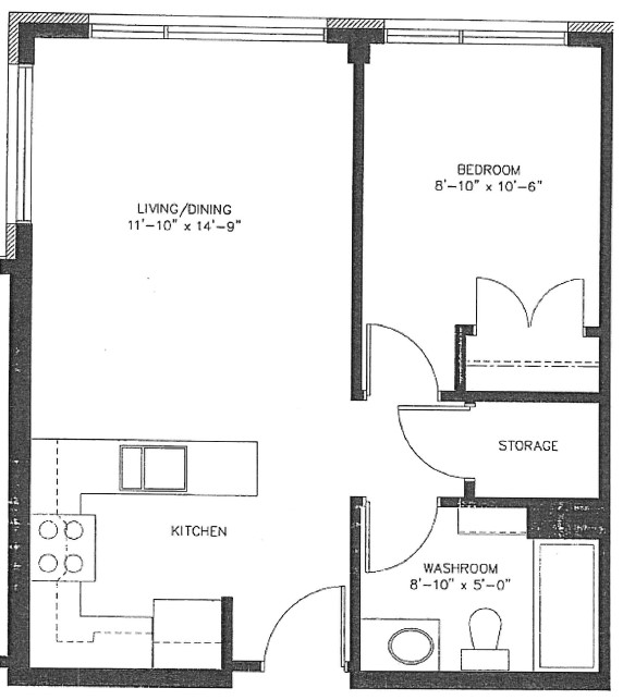 Door opens into the kitchen, facing the dining and loving room.  On the right is a hallway that faces the storage room, with the bedroom on the left, and bathroom on the right.